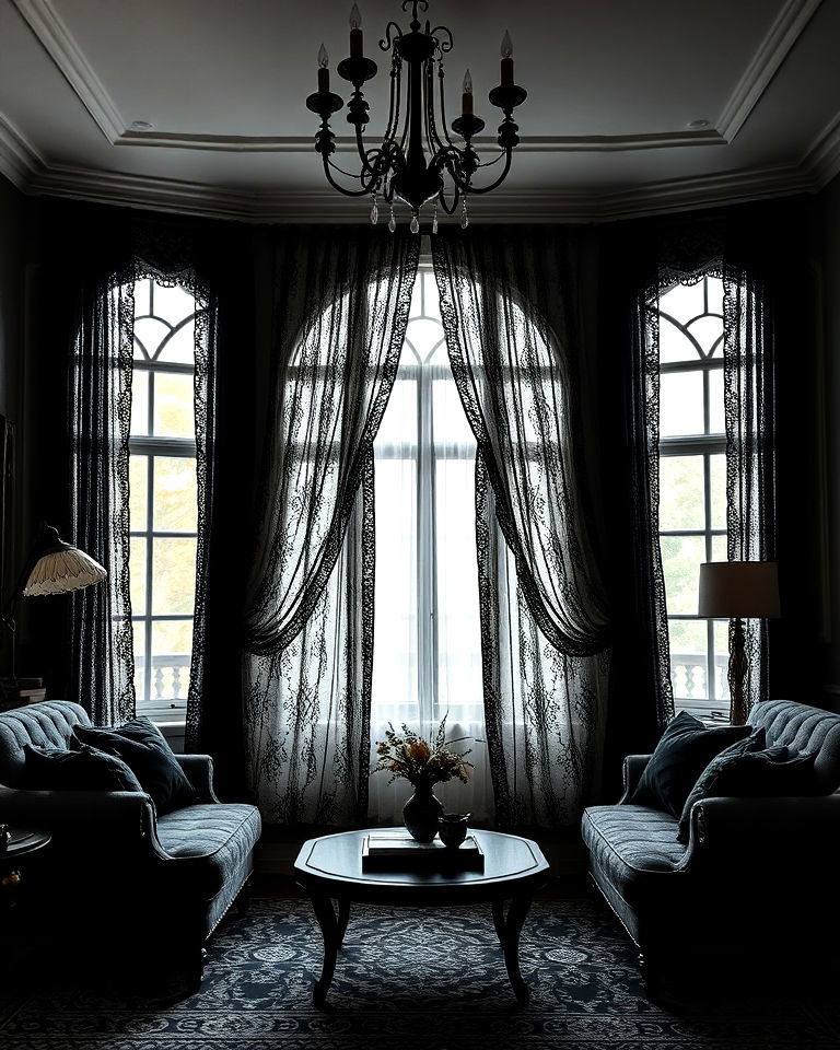 black lace curtains whimsigoth living room - 20 Whimsigoth Living Room Ideas