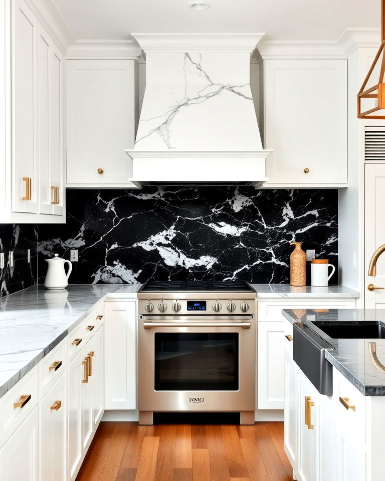 black marble backsplash for timeless luxury - 20 White Kitchen With Black Backsplash Ideas