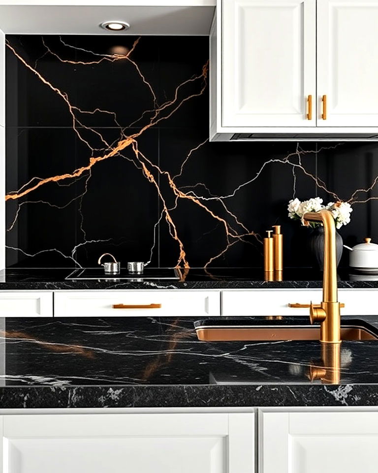 black marble with gold veins for luxe appeal - 20 Kitchens With Dark Backsplashes