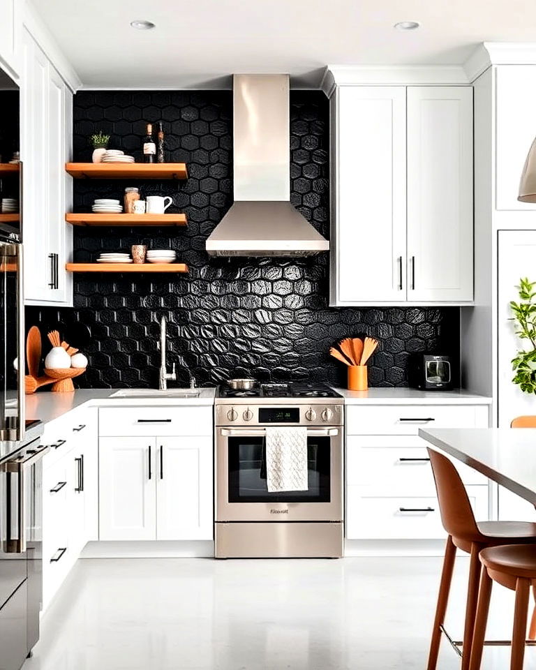 black metal backsplash for industrial edge - 20 White Kitchen With Black Backsplash Ideas
