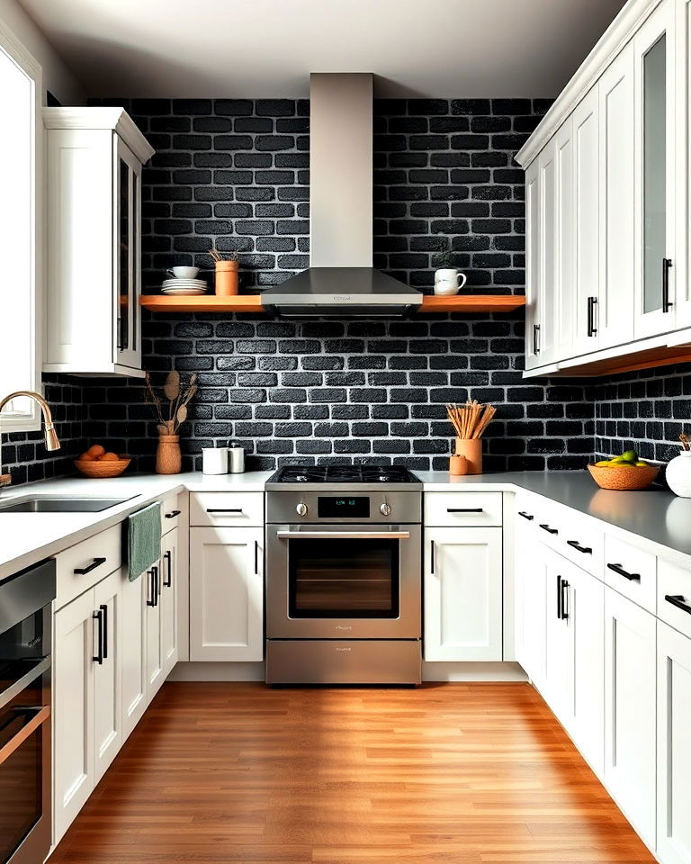 black painted brick for an urban feel - 20 White Kitchen With Black Backsplash Ideas