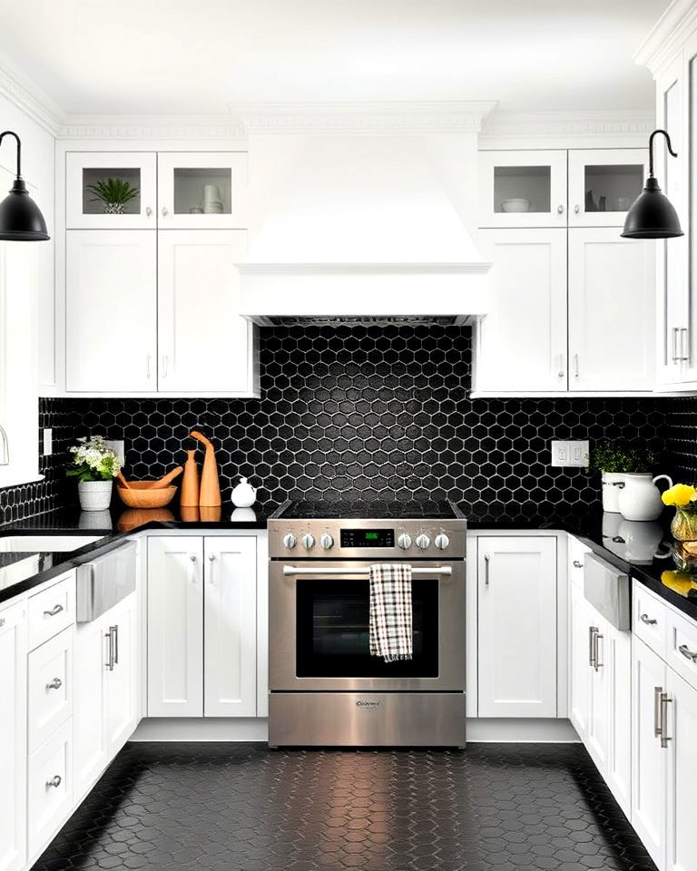 black penny tiles white kitchen for playful texture - 20 White Kitchen With Black Backsplash Ideas