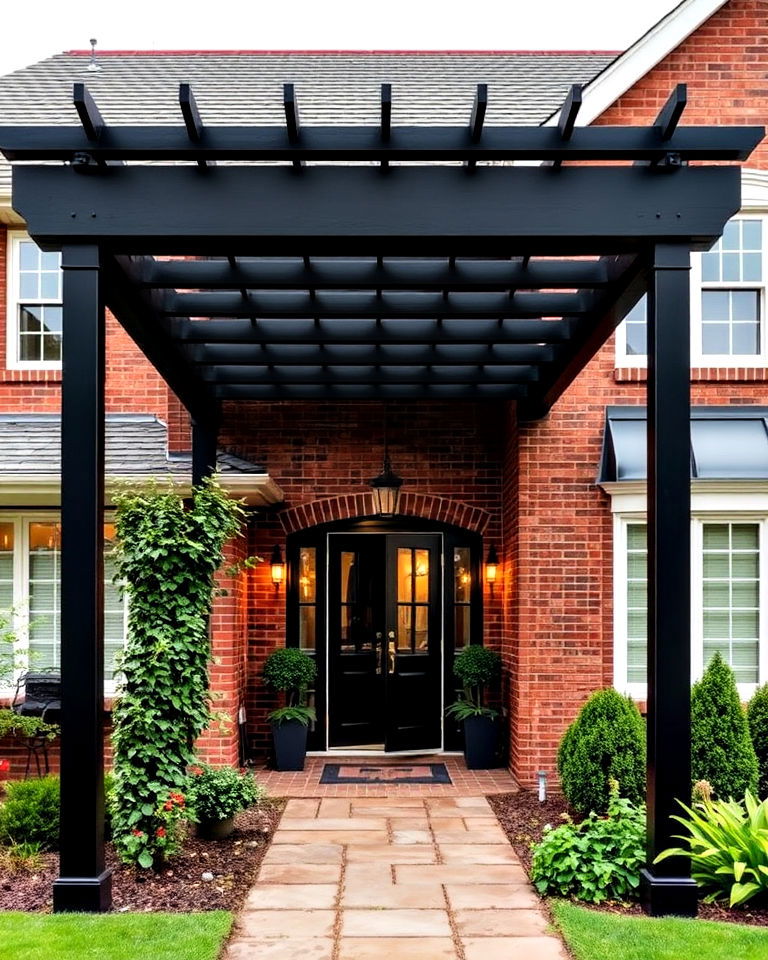 black pergola with red brick walls - 20 Red Brick House with Black Trim Design Ideas