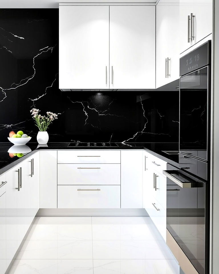 black quartz slab backsplash for seamless sophistication - 20 White Kitchen With Black Backsplash Ideas