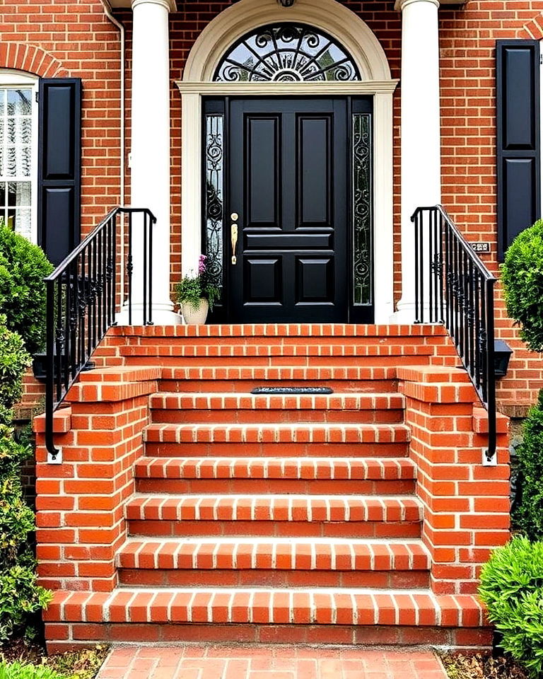 black railings on red brick stairs - 20 Red Brick House with Black Trim Design Ideas