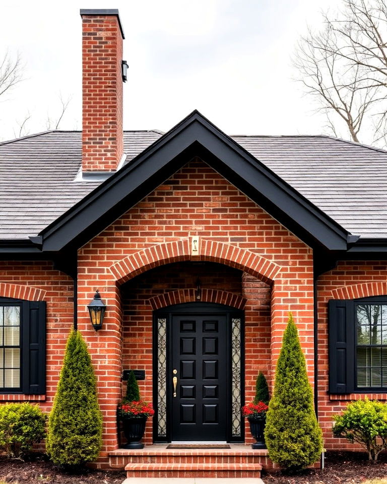 black roof overhangs with red brick facade - 20 Red Brick House with Black Trim Design Ideas