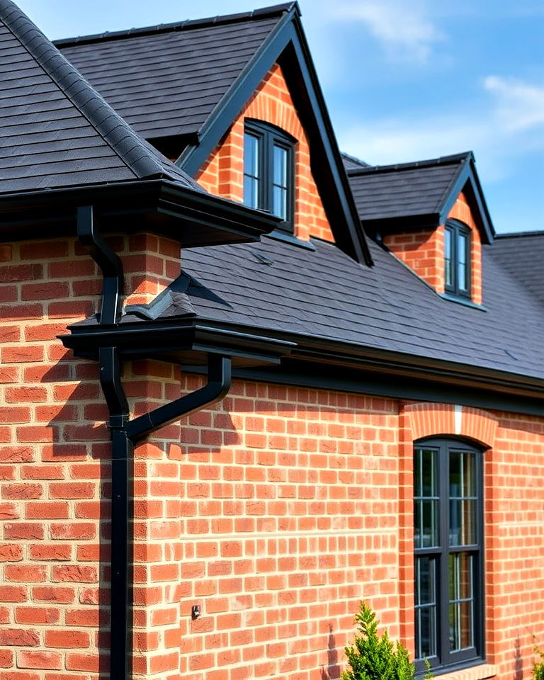 black roof with matching gutters and downspouts - 20 Red Brick House with Black Trim Design Ideas