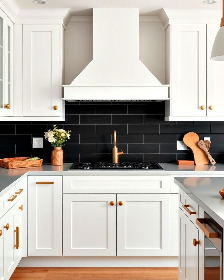 black shiplap boards add a modern farmhouse vibe - 20 White Kitchen With Black Backsplash Ideas