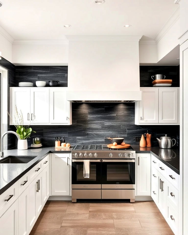 black slate tiles for a natural touch - 20 White Kitchen With Black Backsplash Ideas