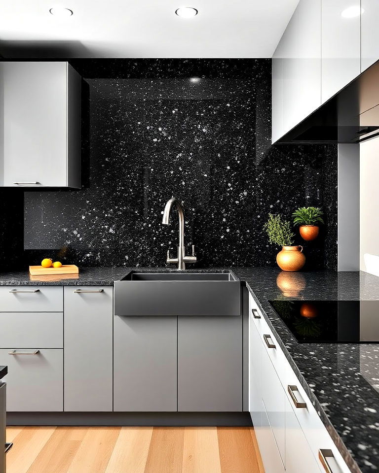 black terrazzo backsplash for a contemporary twist - 20 Kitchens With Dark Backsplashes