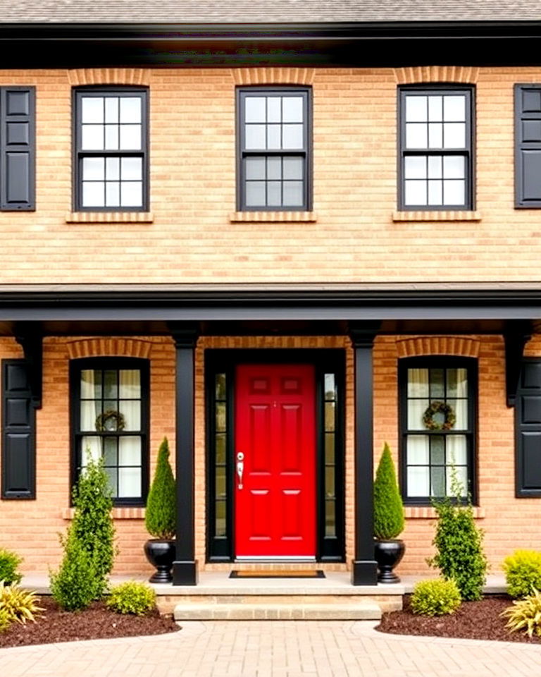 black trim brick house with red door - 25 Blonde Brick House Color Schemes