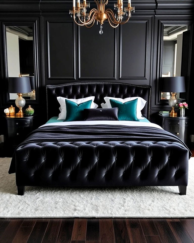 black velvet upholstered bed - 25 Luxury Black Bedroom Ideas
