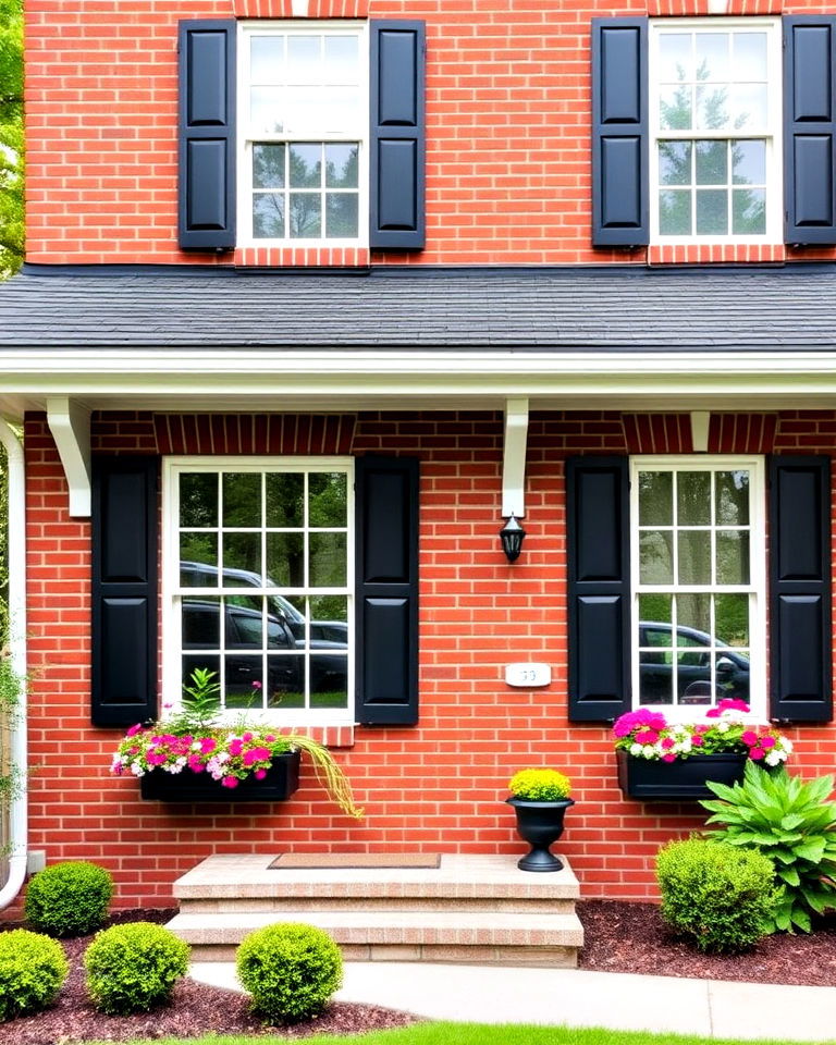 black window boxes on red brick home - 20 Red Brick House with Black Trim Design Ideas