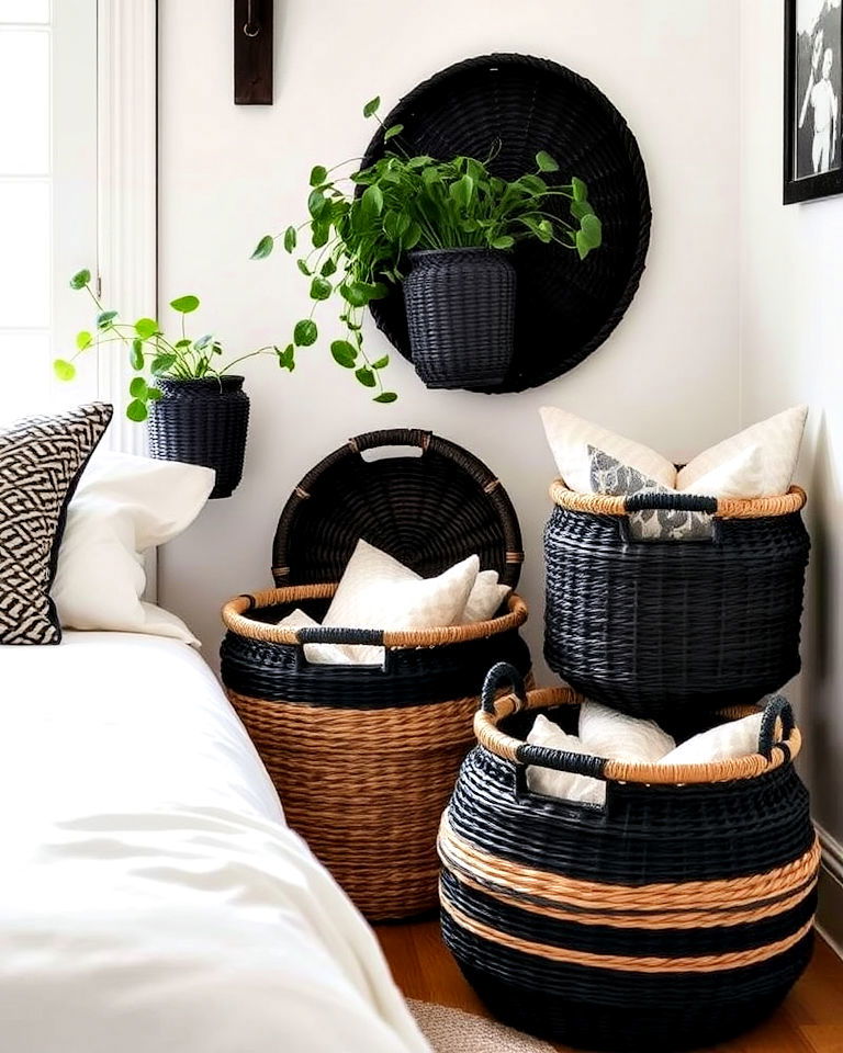 black woven baskets storage solution - 20 Gothic Boho Decor Ideas