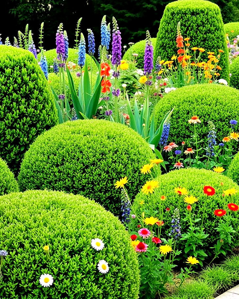 blend boxwoods with wildflowers for contrast - 25 Boxwood Landscaping Ideas