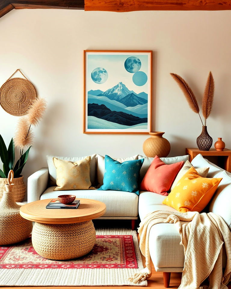 blend neutral tones with pops of color living room - 25 Rustic Boho Living Room Ideas