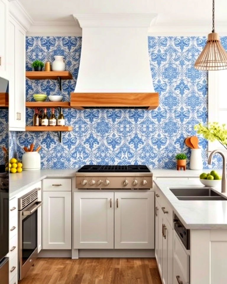 blue and white patterned tiles for kitchen - 25 Kitchen With Blue Backsplash Ideas