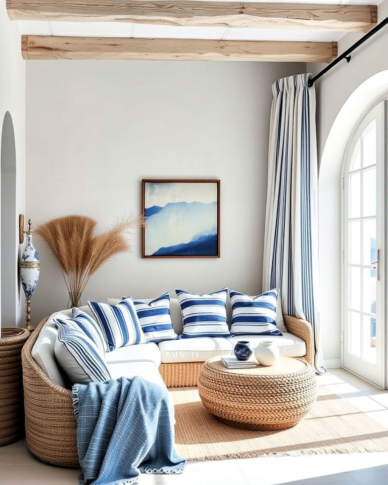 blue and white textiles greek style home - 25 Greek Style Home Ideas