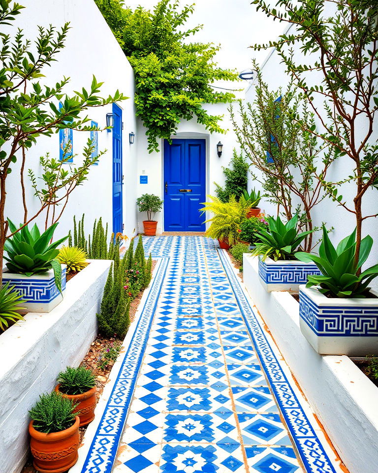 blue and white tile accents greek garden - 25 Greek Garden Ideas