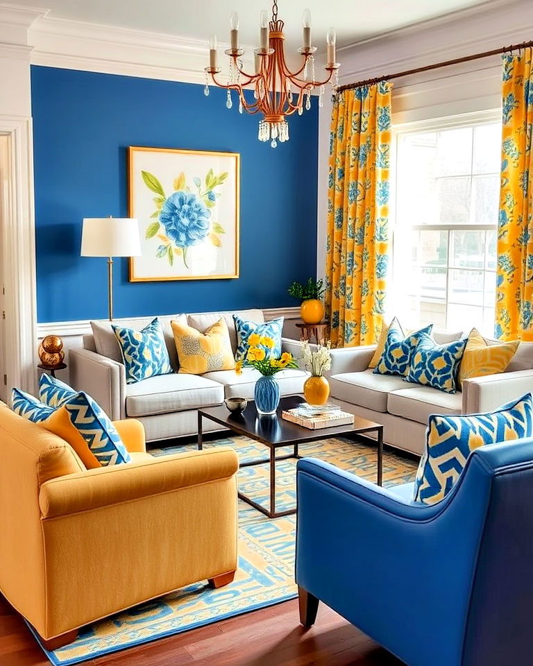 blue and yellow living room with vibrant patterns - 20 Yellow and Blue Living Room Ideas