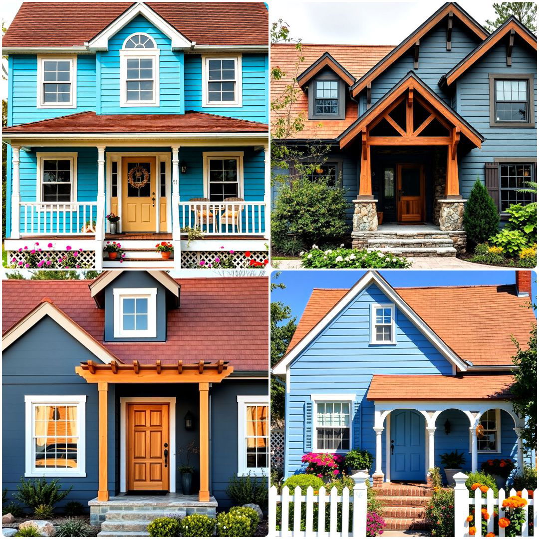 blue exterior home with a brown roof ideas