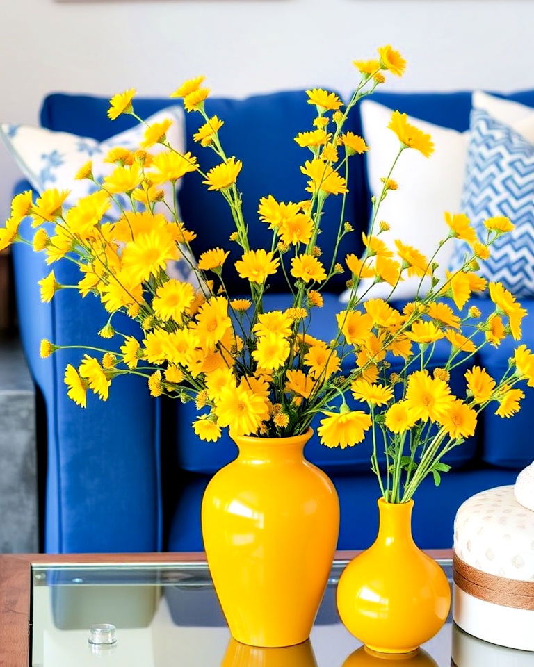 blue living room furniture with yellow flower arrangements - 20 Yellow and Blue Living Room Ideas