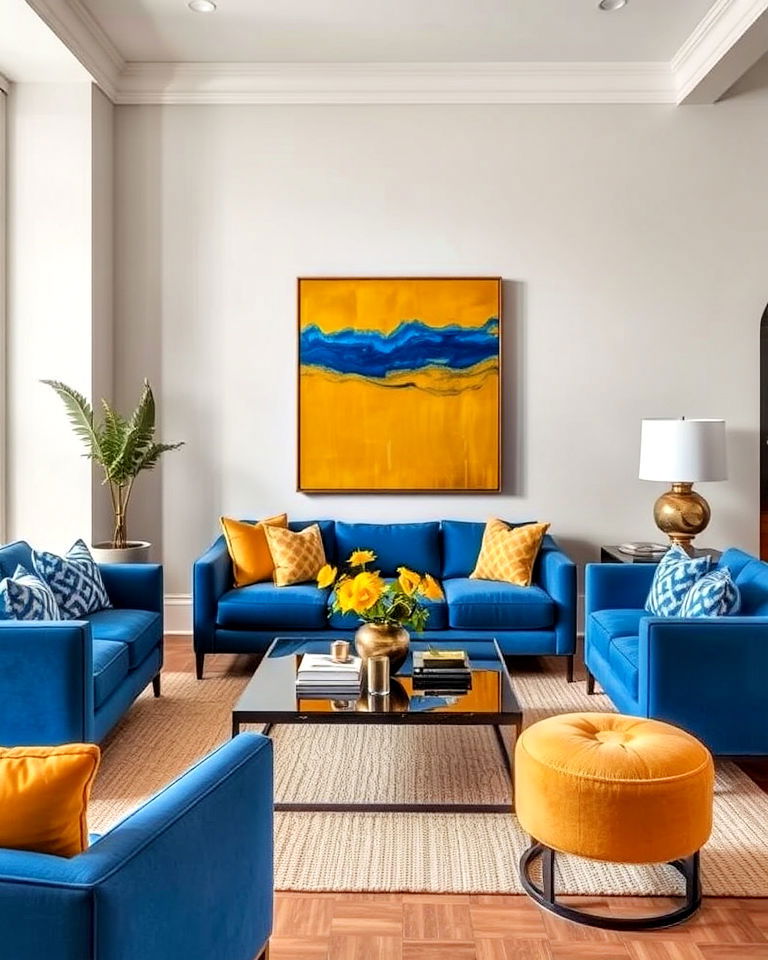 blue living room upholstery with yellow artwork - 20 Yellow and Blue Living Room Ideas
