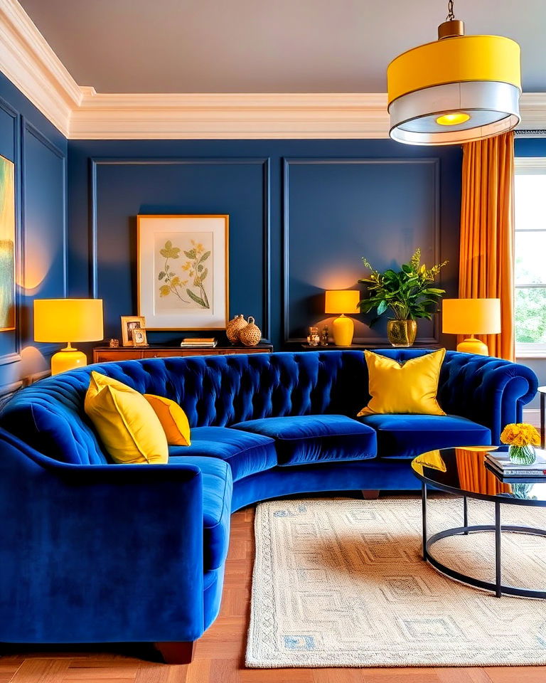 blue velvet living room sofas with yellow lighting - 20 Yellow and Blue Living Room Ideas