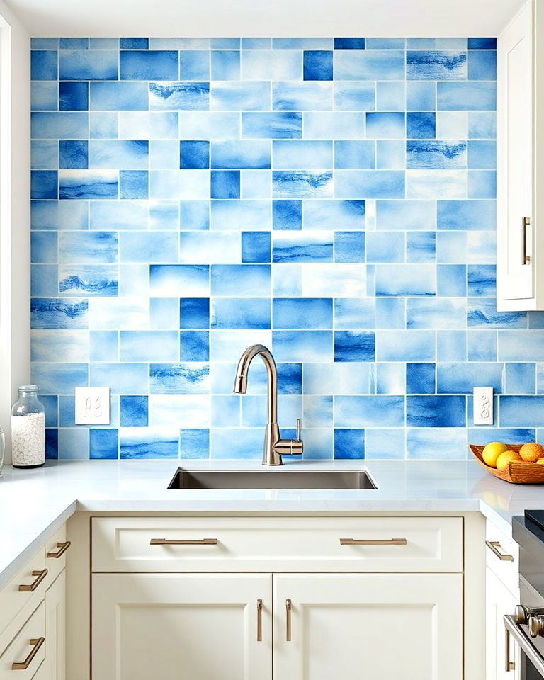 blue watercolor tiles for kitchen backsplash - 25 Kitchen With Blue Backsplash Ideas