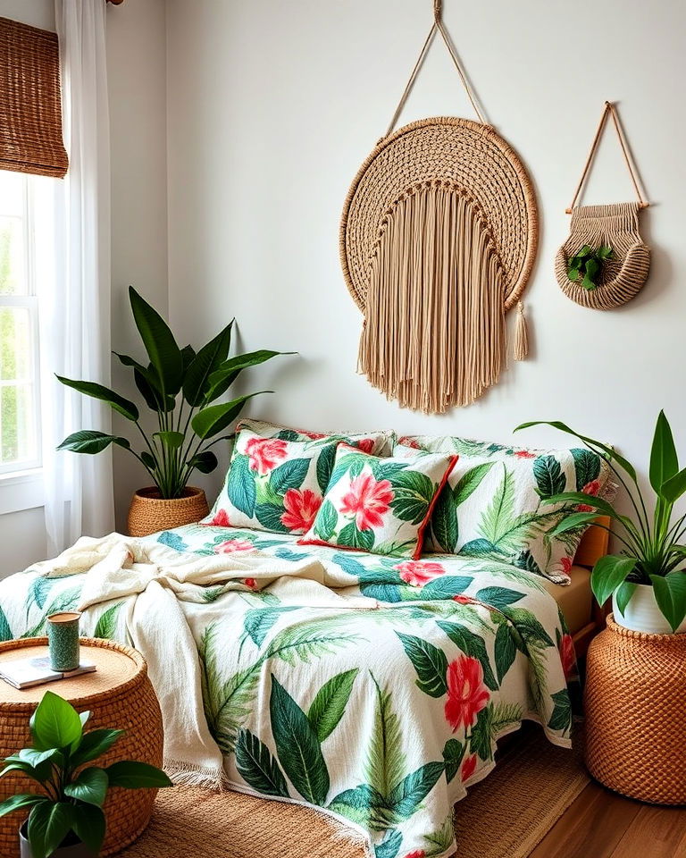 bohemian bedroom with layered textiles and patterns - 15 Bohemian Tropical Bohemian Decor