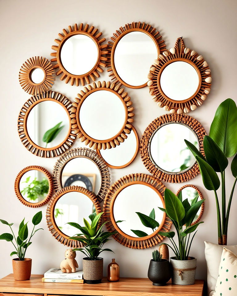 bohemian inspired mirror collage featuring mixed materials - 15 Mirror Collage Wall Ideas
