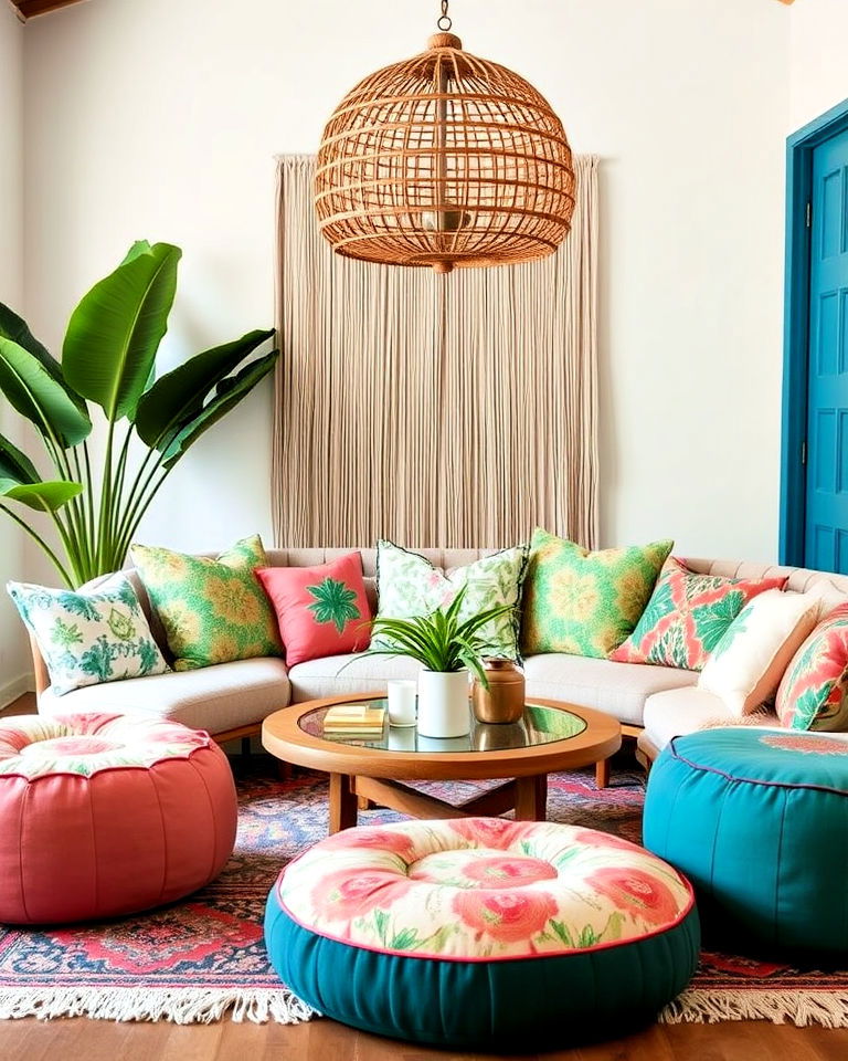bohemian interior with poufs and floor cushions - 15 Bohemian Tropical Bohemian Decor