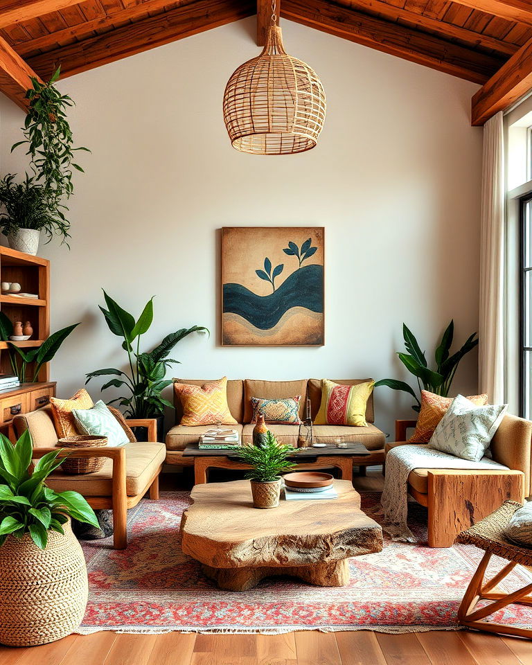 bohemian living room with natural wood elements - 25 Bohemian Eclectic Interior Design Ideas
