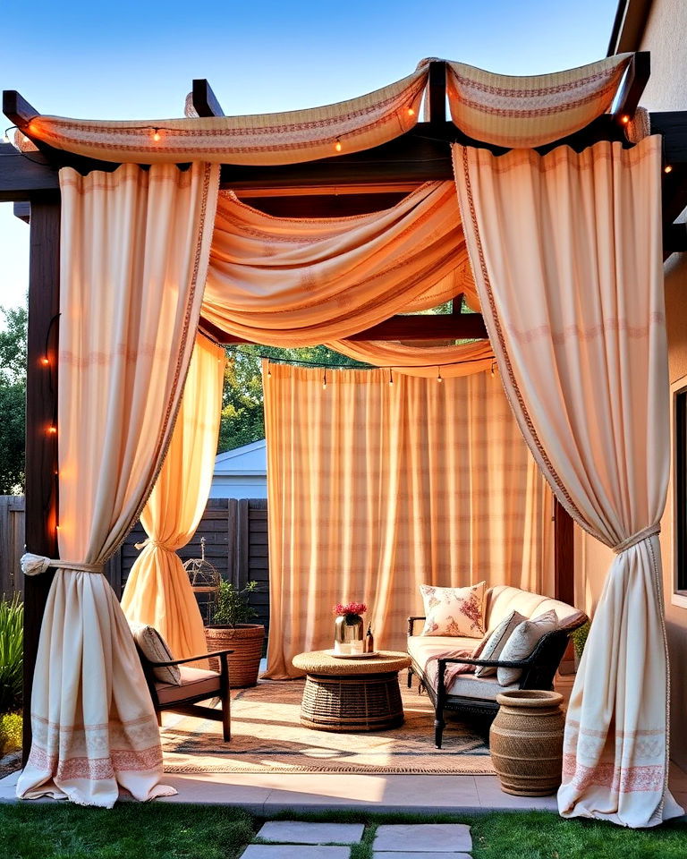 bohemian pergola with draped fabrics - 20 Boho House Exterior Ideas