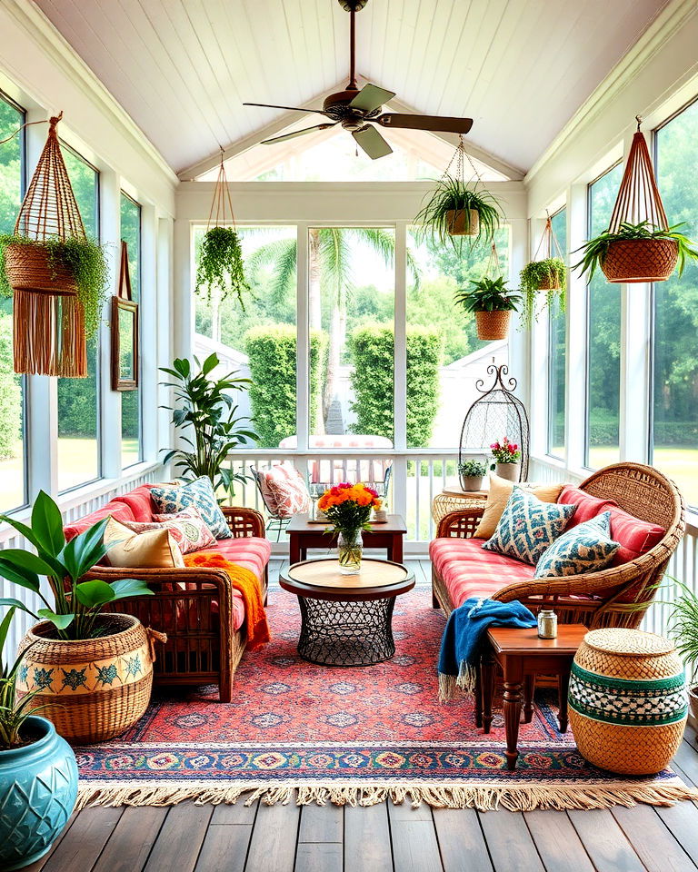 bohemian vibe to a screened in porch - 20 Screened-in Front Porch Ideas