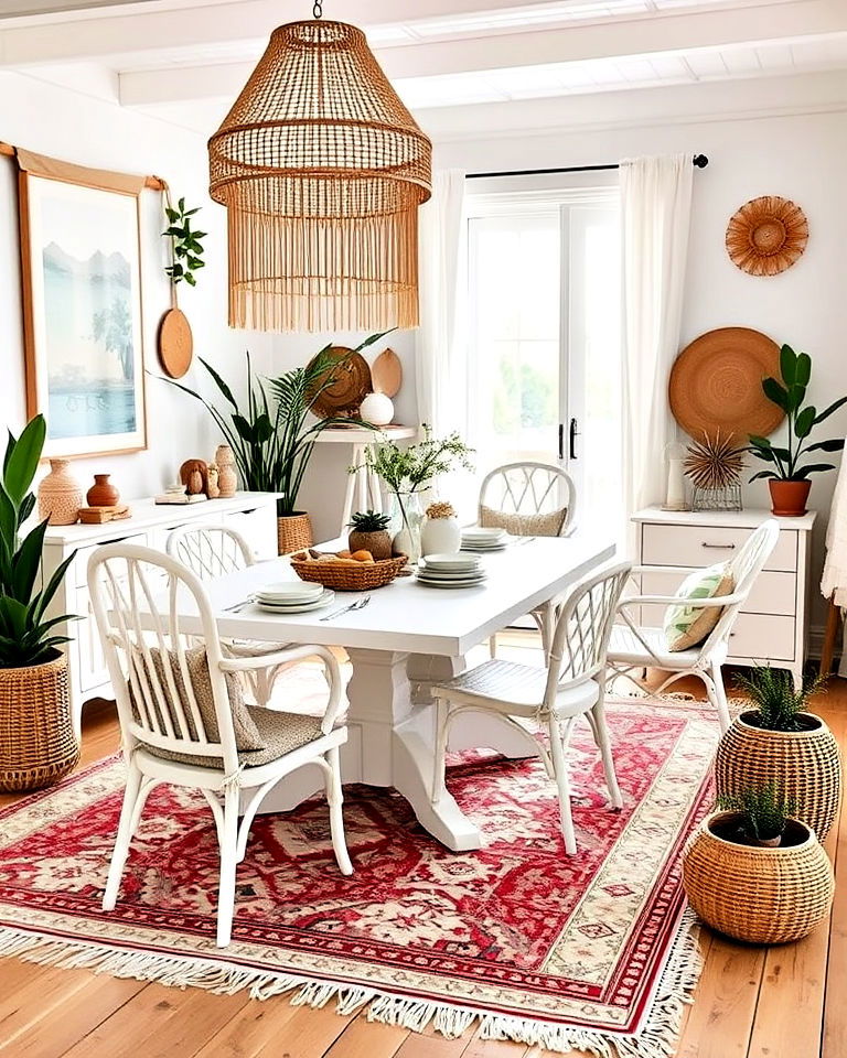 bohemian white dining room with eclectic decor - 30 White Dining Room Ideas