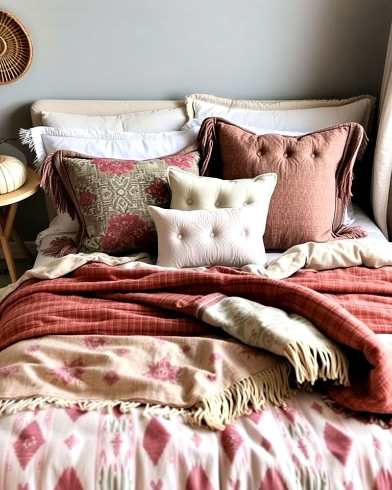 boho bedding with patterns and fringe - 25 Boho Teen Bedroom Ideas