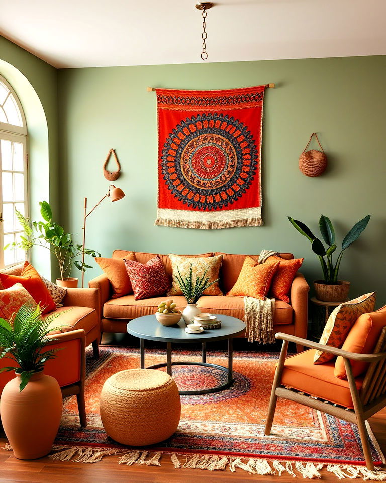 boho eclectic green and orange living room - 25 Green and Orange Living Room Ideas