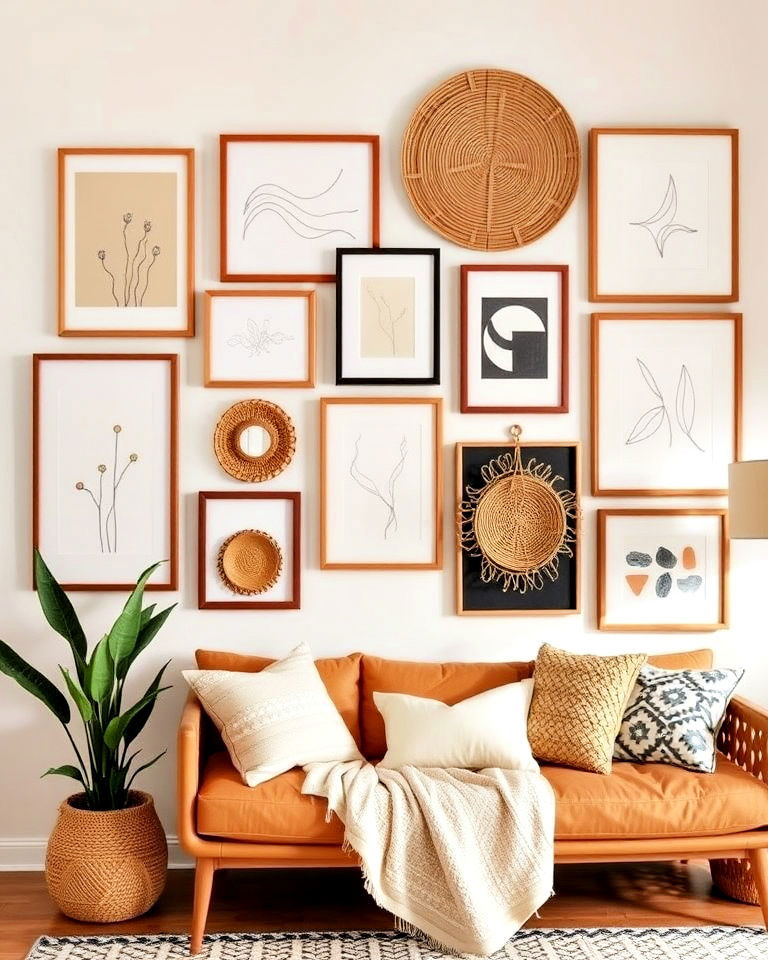 boho inspired gallery wall in a mid century entryway - 25 Mid Century Boho Decor Ideas