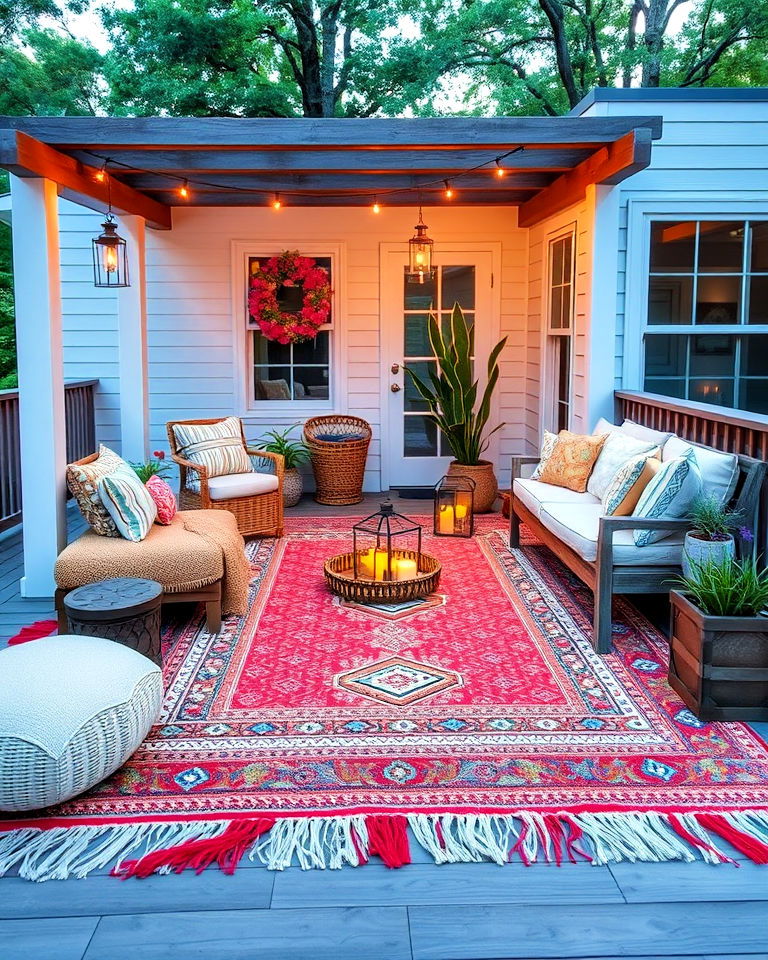 boho inspired layered outdoor rugs - 20 Boho House Exterior Ideas
