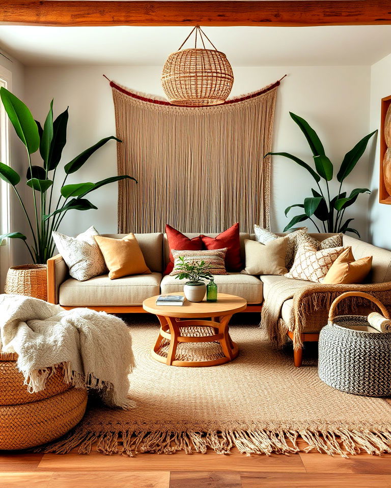 boho jungle living room with layered textures - 15 Boho Jungle Living Room Ideas