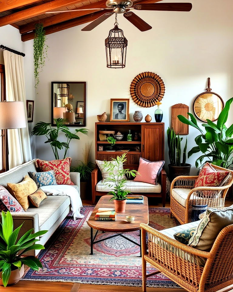 boho jungle living room with vintage and eclectic decor - 15 Boho Jungle Living Room Ideas