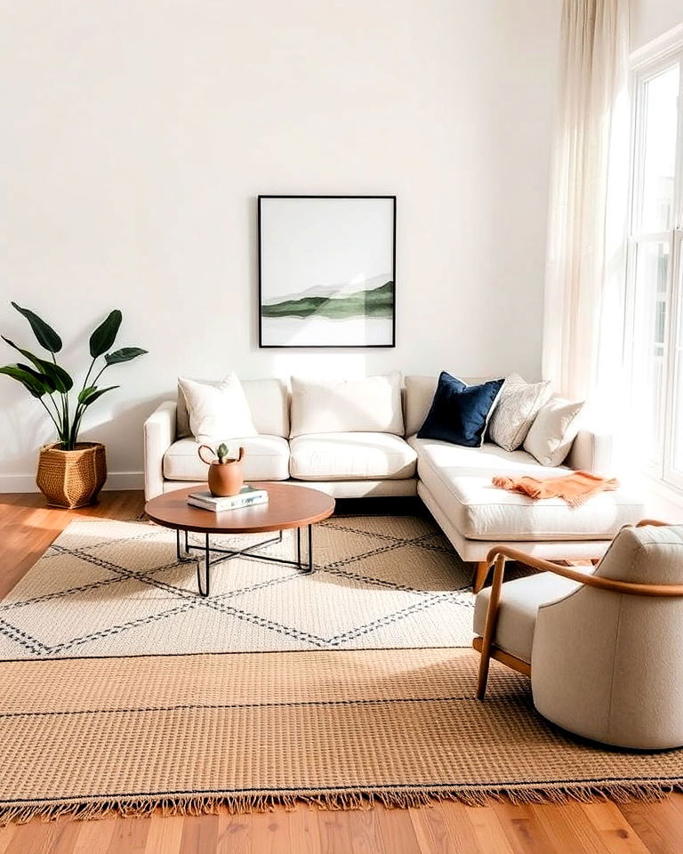 boho living room layered area rugs - 20 Minimalist Modern Boho Living Room Ideas