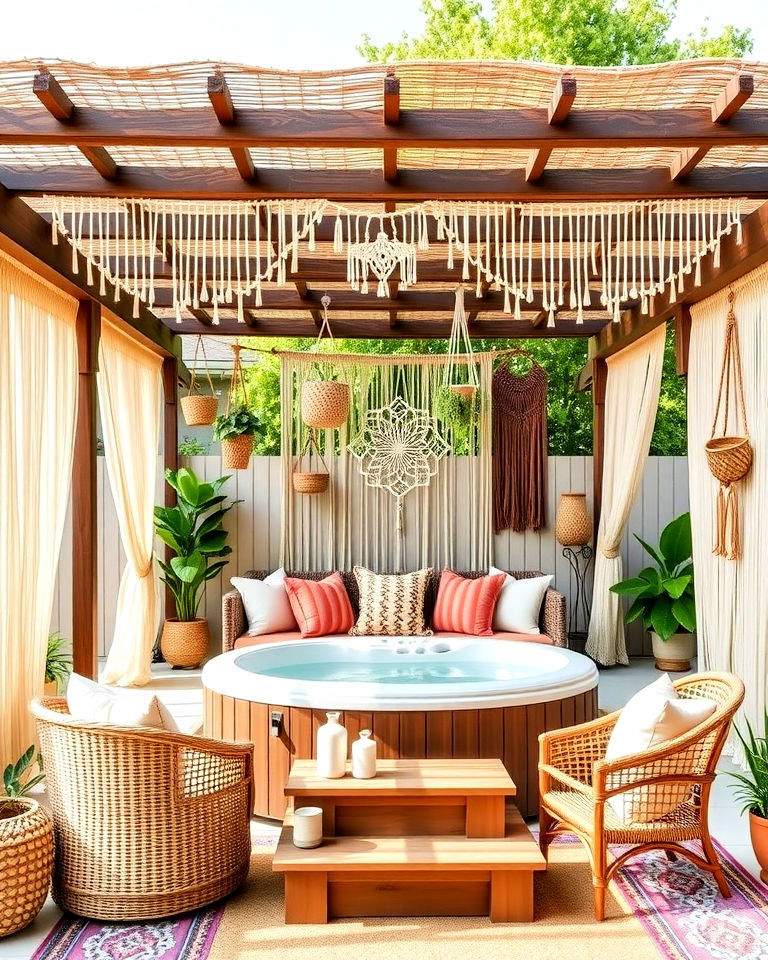 boho style pergola with macrame decor - 15 Hot Tub Pergola Ideas