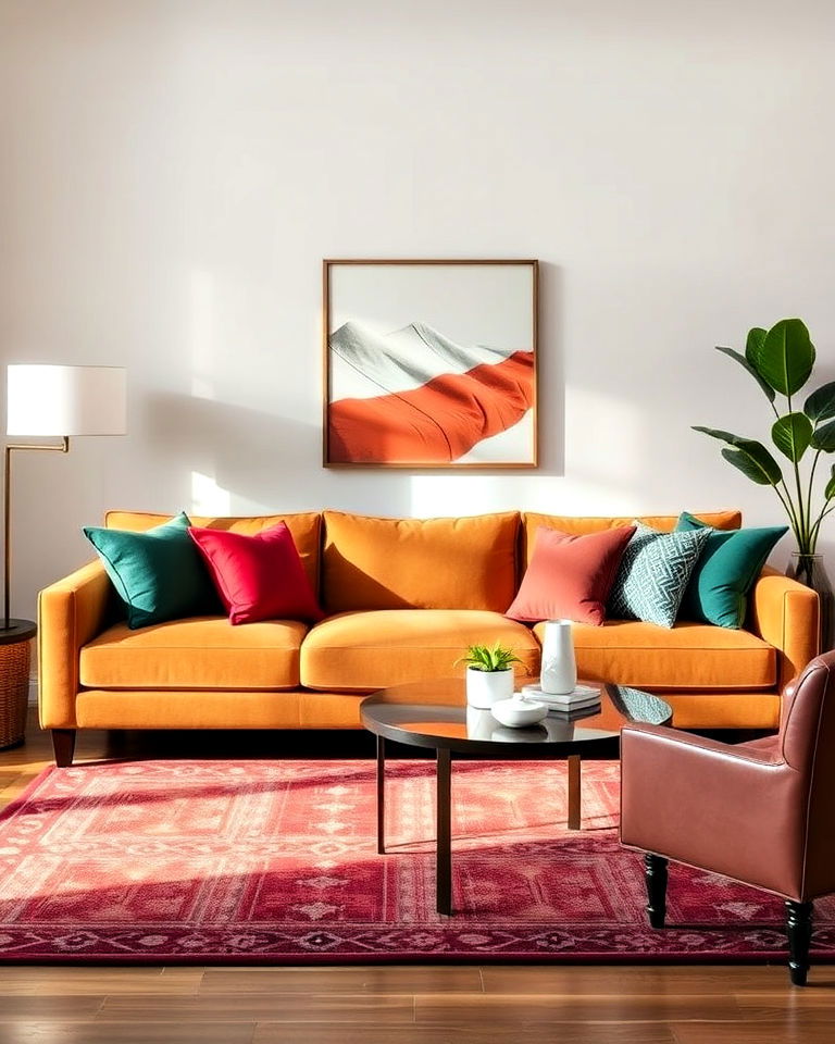 bold and vibrant accents with tan sofa - 15 Tan Sofa Living Room Ideas