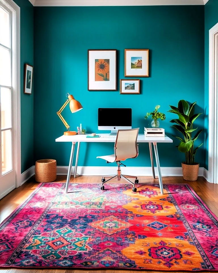 bold area rug in vibrant patterns - 30 Colorful Home Office Ideas