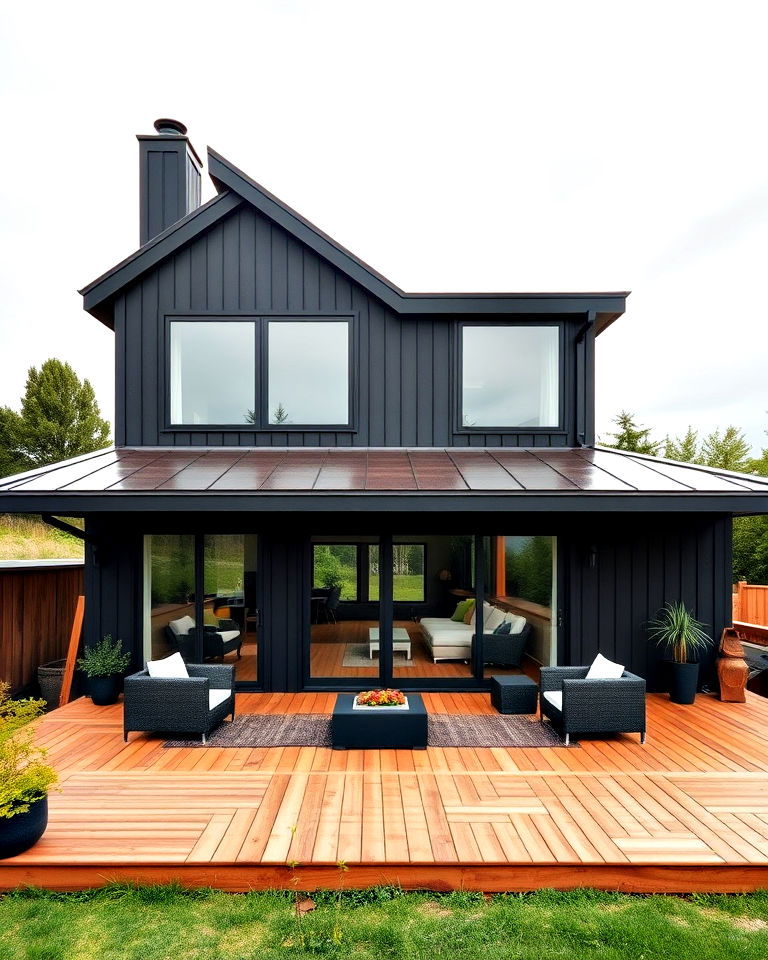 bold black exterior with large wooden deck - 30 Modern Black Houses