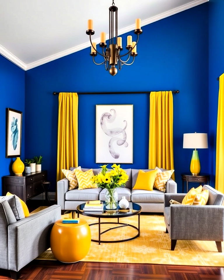 bold blue living room walls with yellow accents - 20 Yellow and Blue Living Room Ideas