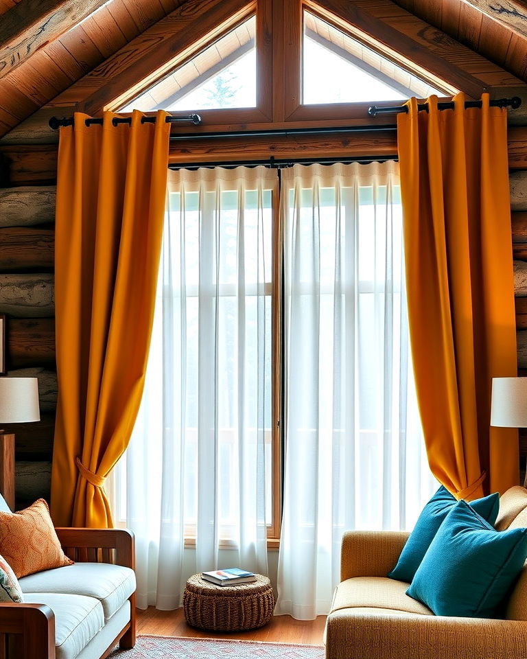 bold color curtains for a pop of contrast - 15 Cabin Curtains Ideas