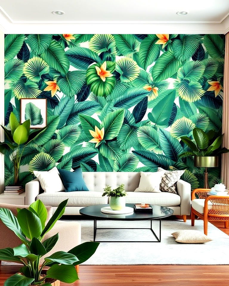 bold feature wall in a tropical living room - 20 Tropical Living Room Ideas